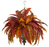 28" Autumn Boston Fern Artificial Plant in Hanging Metal Bowl