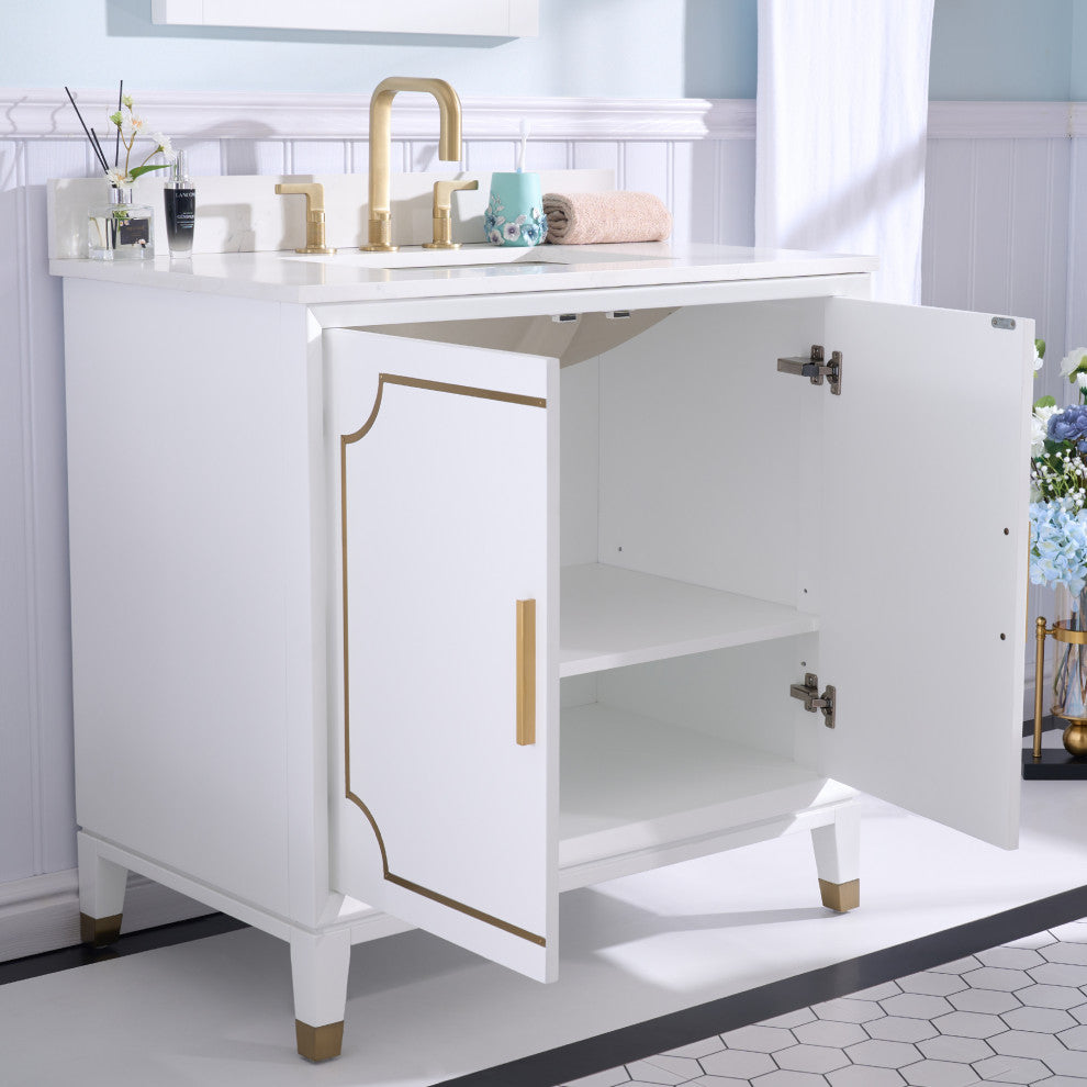 Melody Freestanding Bathroom Vanity with Wall Vanity Mirror and Quartz Top, White, 36"