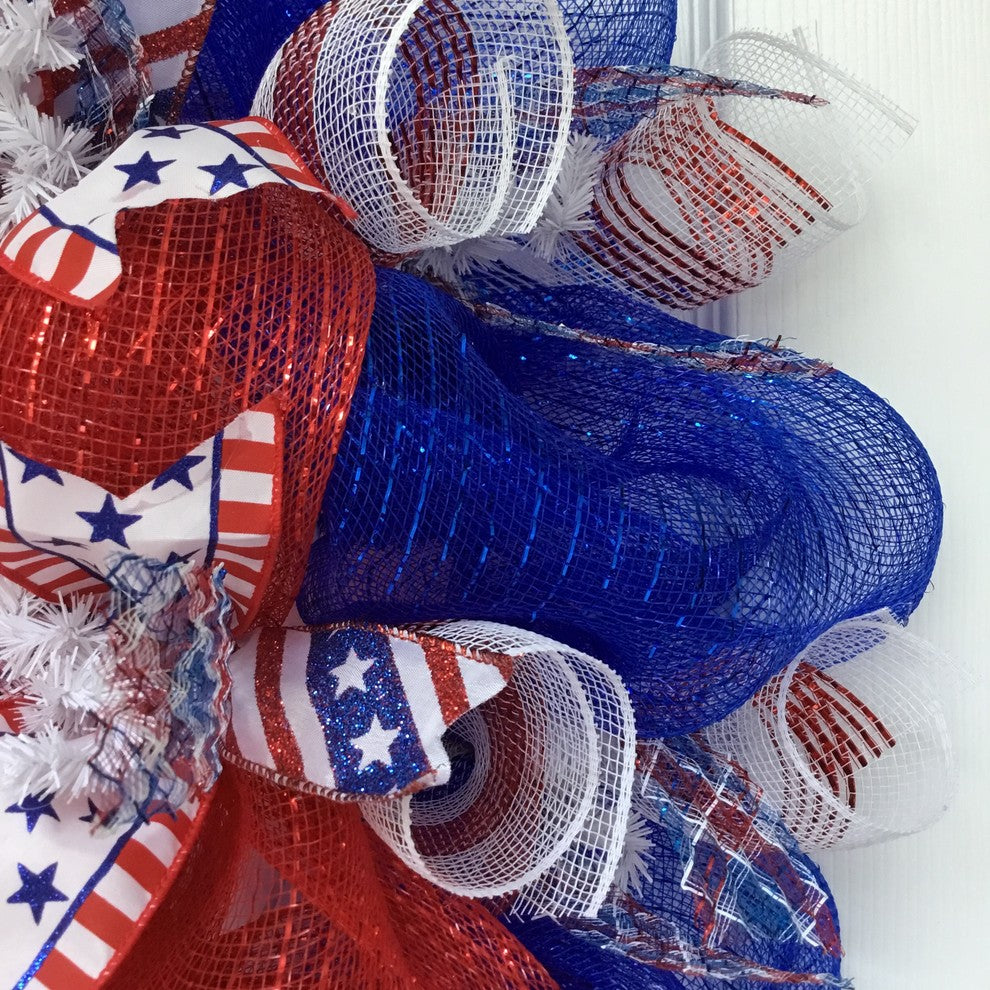 Three Cheers For The Red White And Blue Patriotic Ribbon Deco Mesh Wreath, 28 In