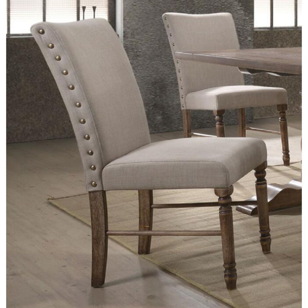 Set of 2 Cream Linen Side Chair, Weathered Oak Finish