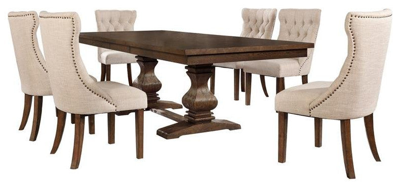 Walnut Wood Dining Set with Extendable Table and Beige Linen Chairs