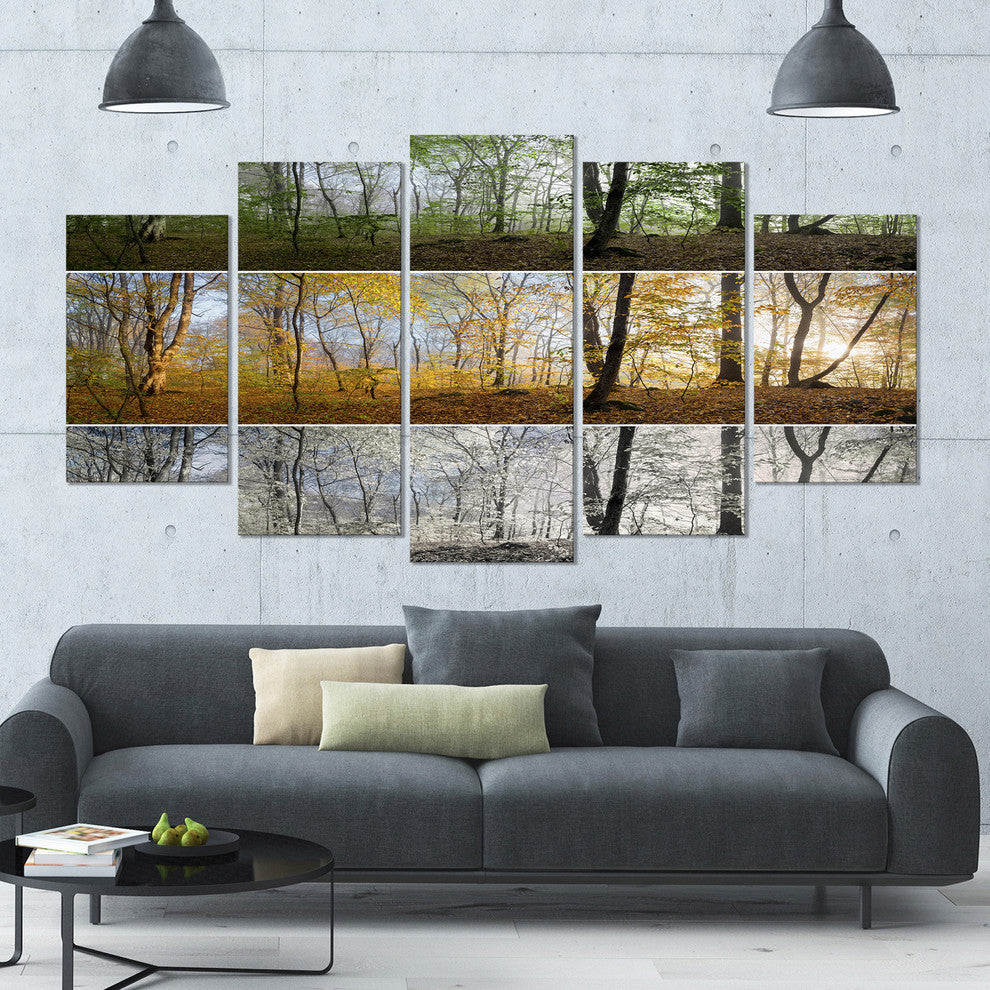 Three Seasons Forest Panorama, Landscape Canvas Art Print, 60"x32", 5 Panels