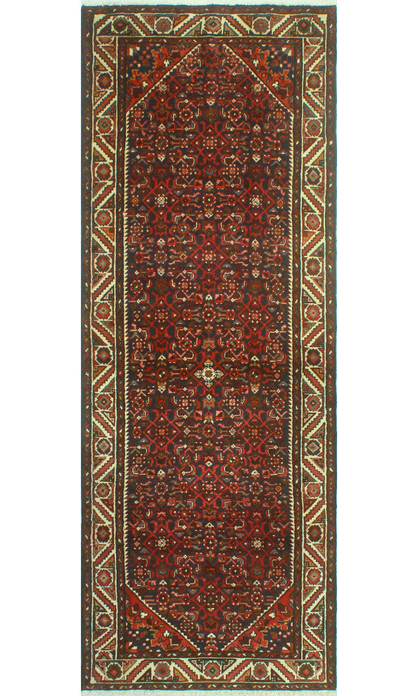 Fine Vintage Distressed Adnan Navy/Red Runner, 3'6 x 10'1