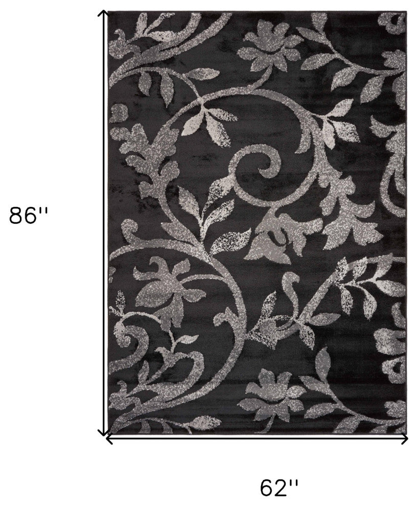 5' X 7' Black Gray and White Floral Vines Area Rug