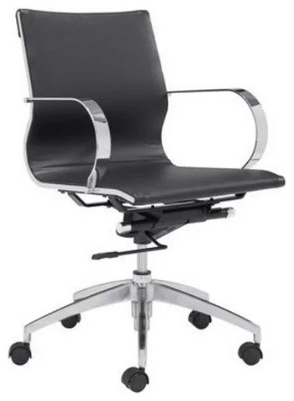 Modern Office Chair, Chrome Frame With Rounded Arms & Faux Leather Seat, Black