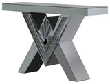 Elegant Console Table, Mirrored Design With V-Shaped Details & Glass Top, Silver