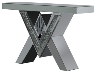 Elegant Console Table, Mirrored Design With V-Shaped Details & Glass Top, Silver