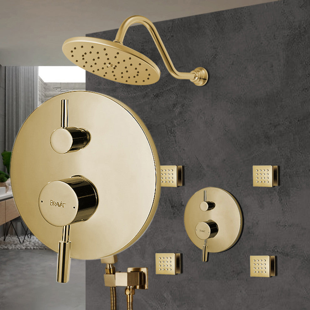 Bravat Brushed Gold Wall Mounted Shower Set, Valve Mixer 3-Way Concealed