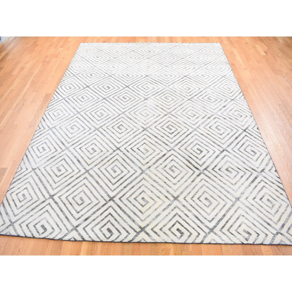 Ivory Roman Key Squares Design Hand Knotted Pure Silk With Wool Rug, 9'0"x12'0"