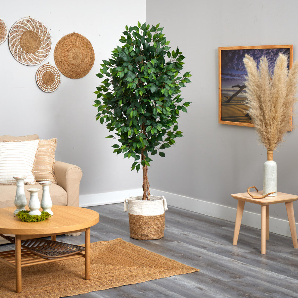 6' Ficus Faux Tree With Natural Trunk, Handmade Natural Jute and Cotton Planter