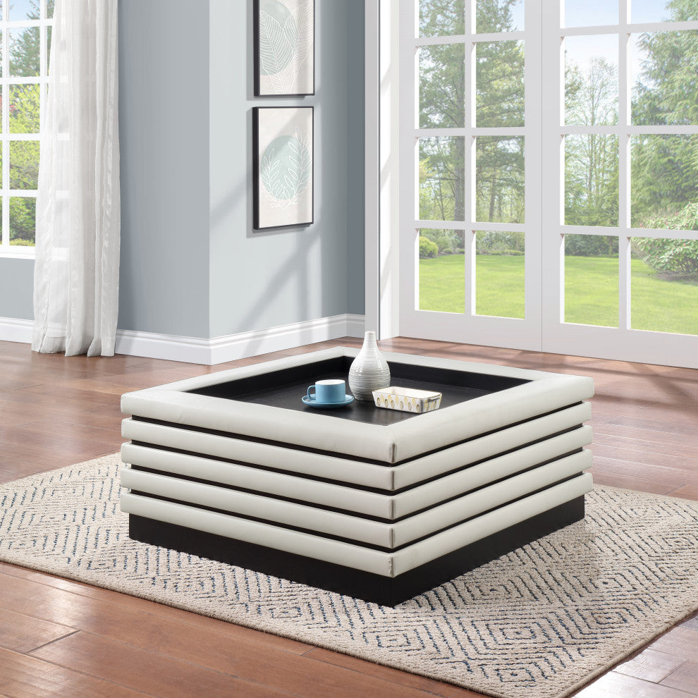 Rory Black Faux Leather Coffee Table, Cream, Square, Black Finish