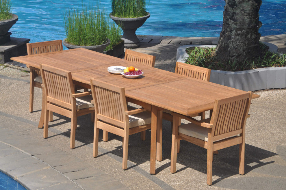 7-Piece Outdoor Teak Dining Set: 117" Rectangle Table, 6 Leveb Stacking Chairs