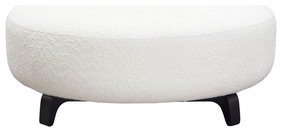 Vesper Round Ottoman, Faux White Shearling, Black Wood Leg Base
