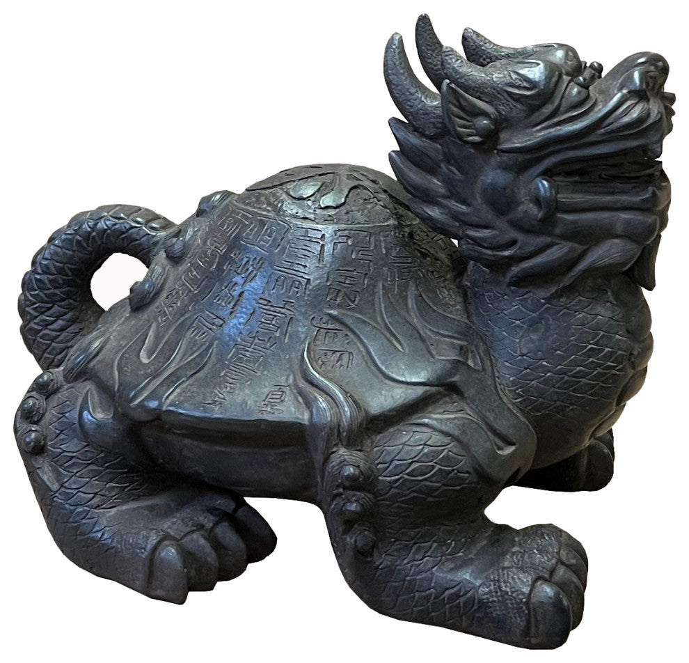 Chinese Distressed Brown Black Marks Fengshui Dragon Turtle Figure Hws2516