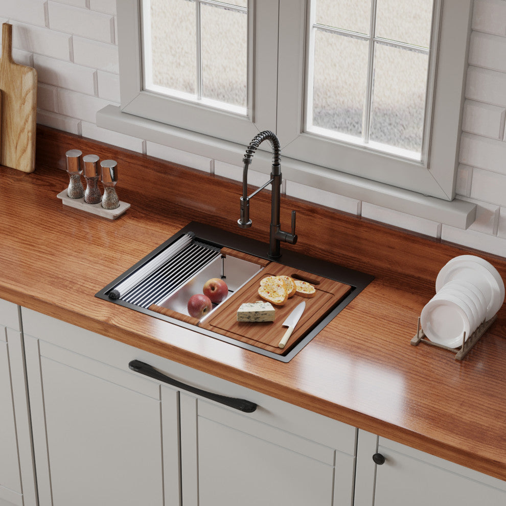 Drop In Stainless Steel Single Bowl Workstation Kitchen Sink, Gunmetal Black, 27 X 22