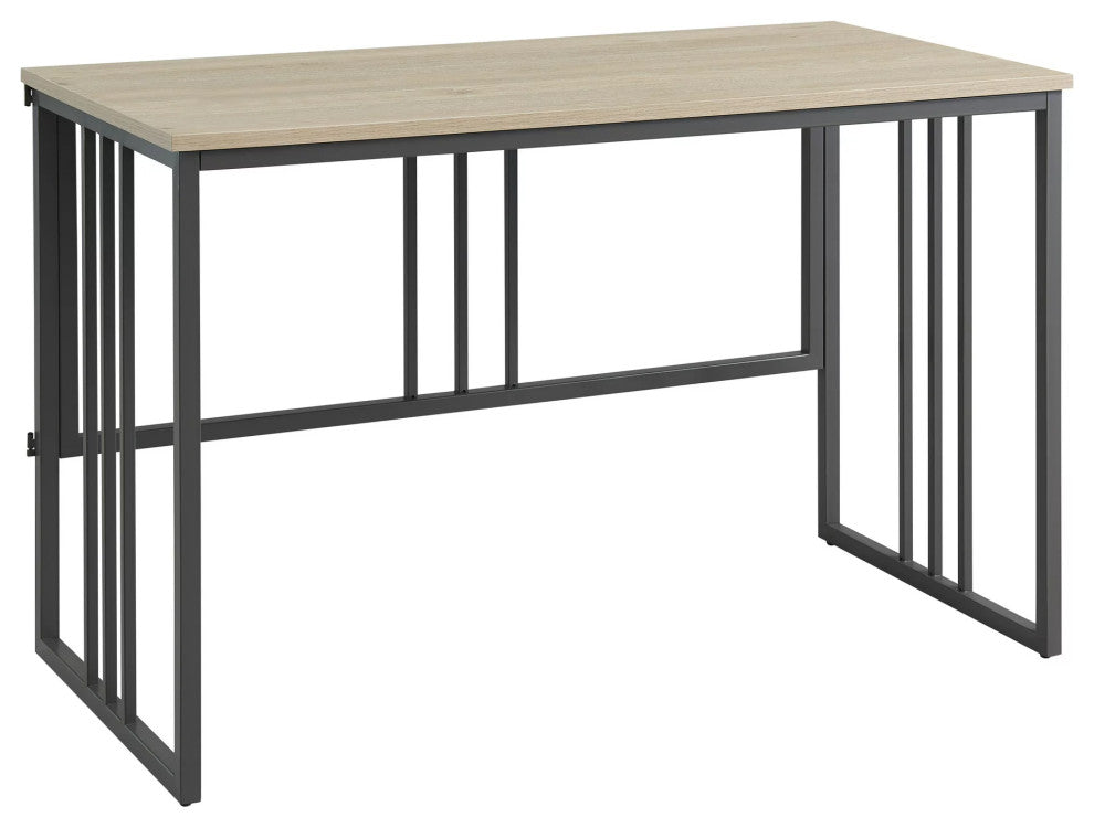 Modern Desk, Metal Frame With Slatted Accent & Collapsible Hinged Top, White Oak
