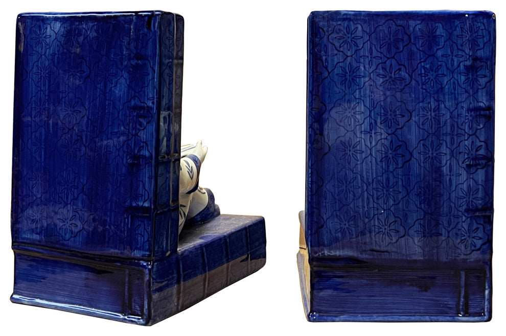 Porcelain Blue and White Kid Reading Book Figure Bookend Stopper Hws2707