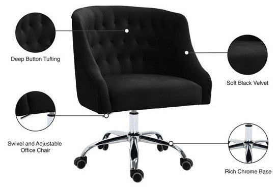 Elegant Office Chair, Velvet Seat & Buttonless Tufted Round Back, Black/Chrome