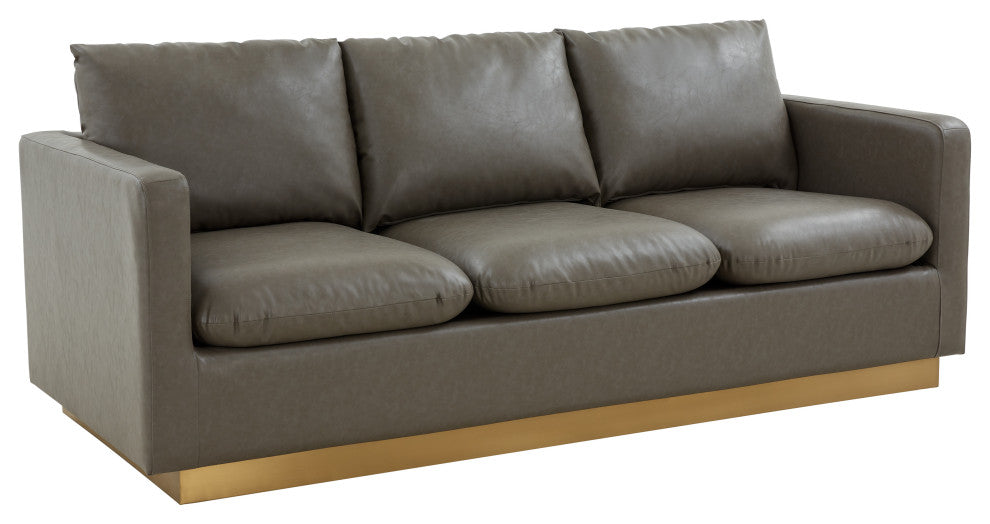 LeisureMod Nervo Modern Leather Sofa With Gold Base, Gray