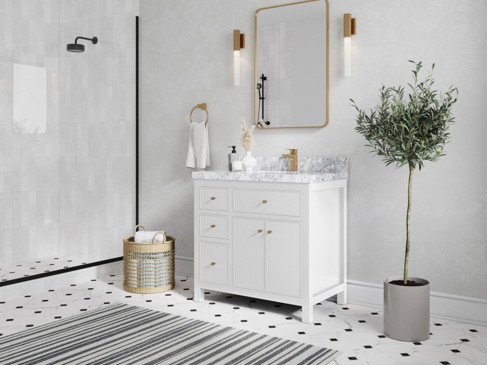 Sonoma 36 Right Offset Reeded  Bath Vanity in White 2" Carrara Quartz
