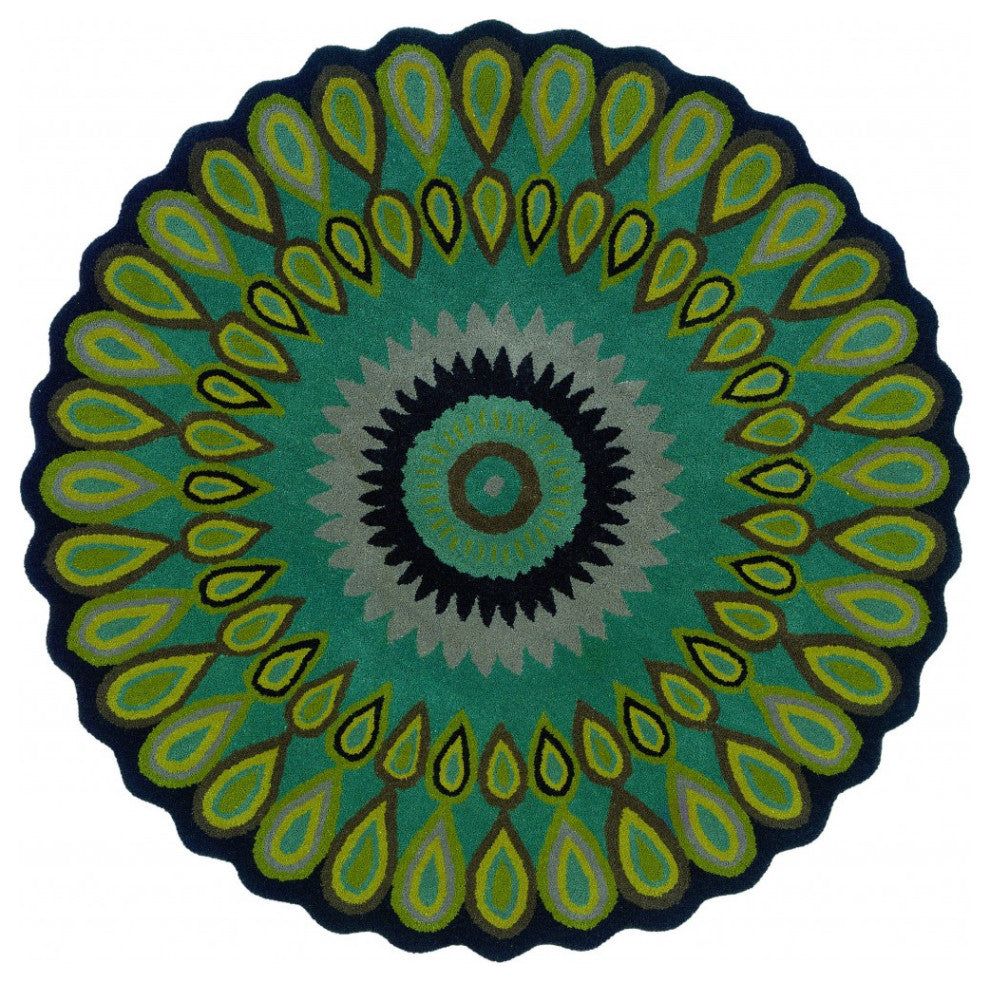 5" Round Green Peacock Feather Area Rug
