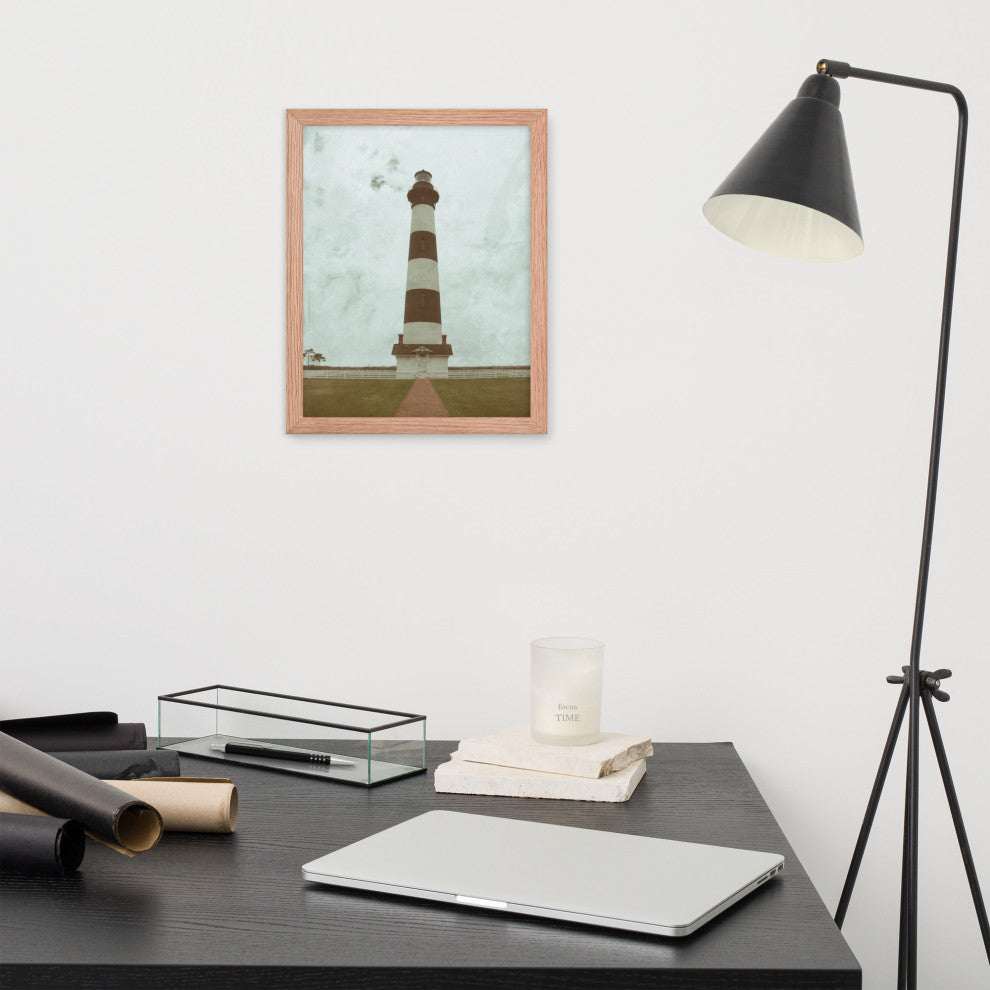 Aged Bodie Lighthouse Landscape Framed Photo Paper Wall Art Prints, Red Oak, 11" X 14"