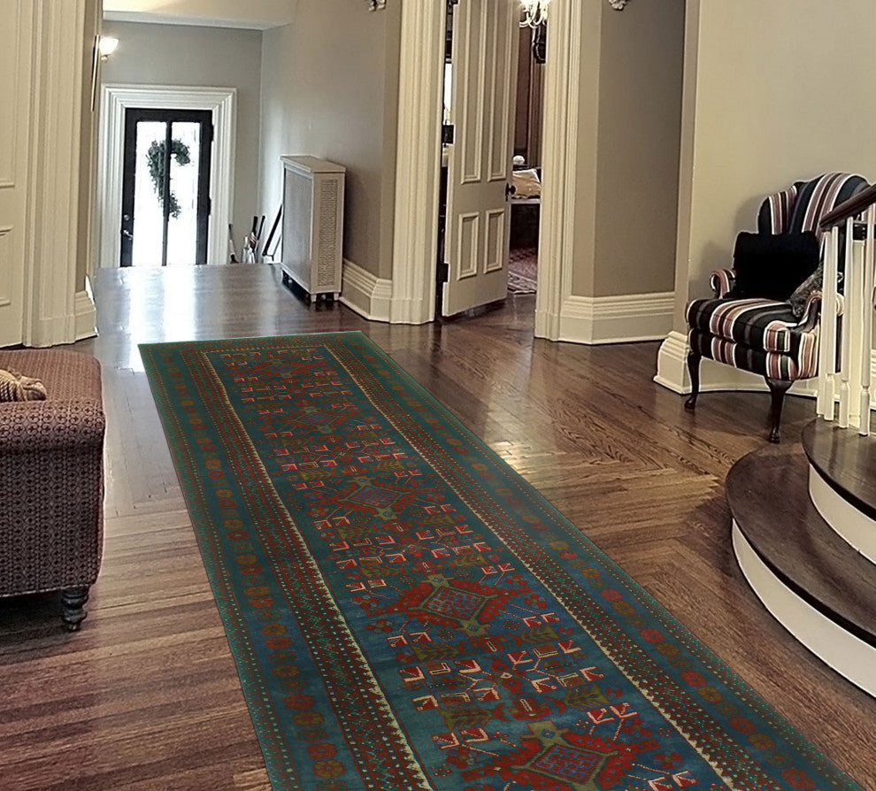 Semi-Antique Collin Navy/Red Runner, 3'4x10'5