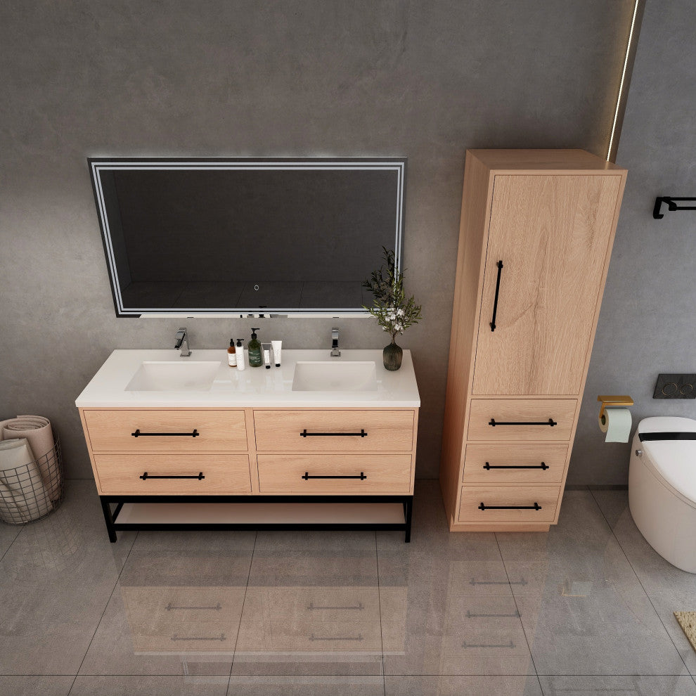 Victoria 60'' Double Sink Solid Wood Open Shelf Bath Vanity, Red Oak