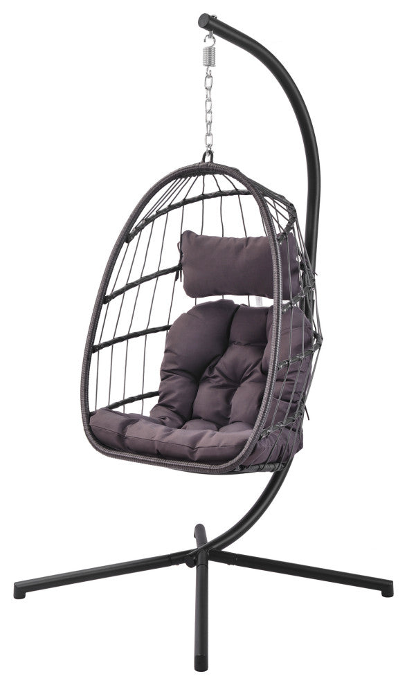 Outdoor Patio Wicker Swing Chair Hanging Egg Chair With Cushion, Dark Gray