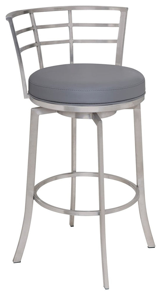 Modern Counter Stool, Swiveling Faux Leather Seat & Low Slatted Back, Grey