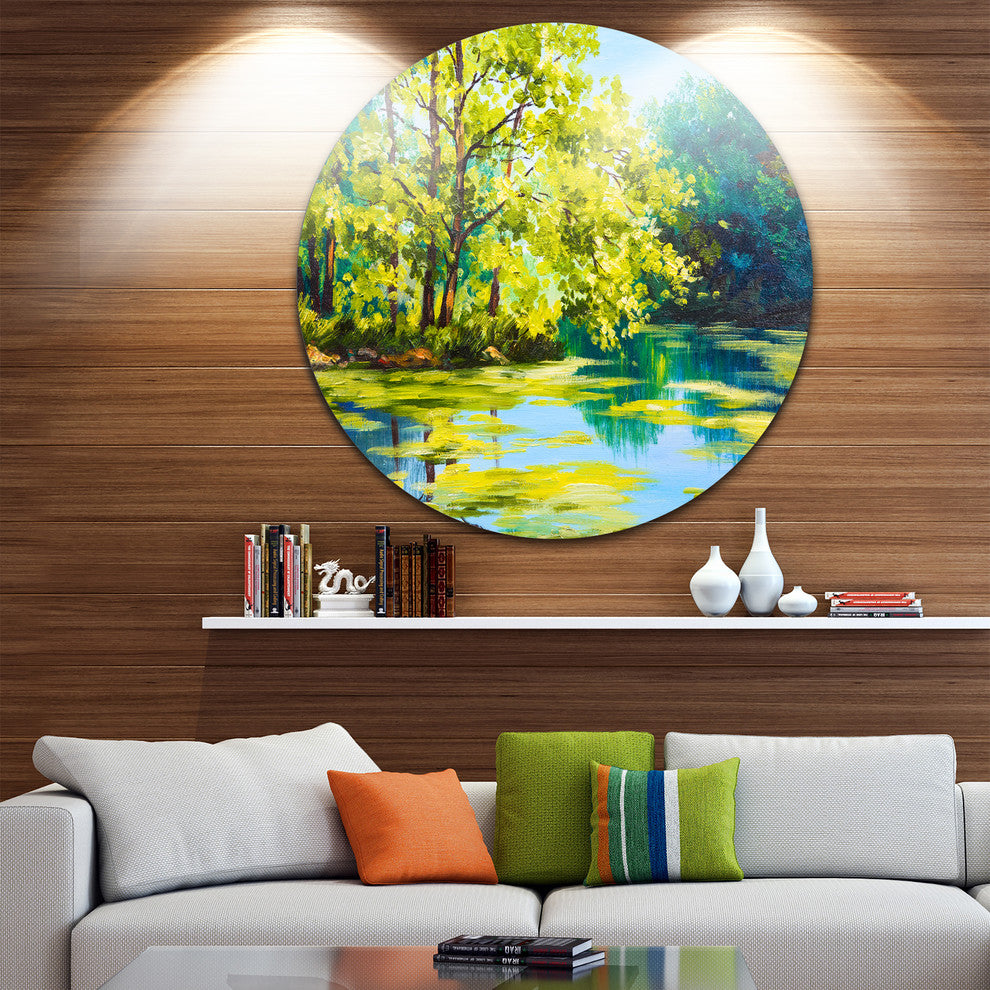 Blue Lake Under Green Tree, Landscape Painting Round Wall Art, 38"
