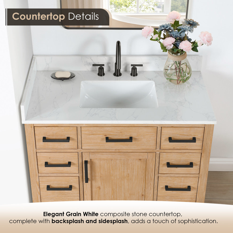 Gavino Vanity With Grain White Composite Stone Top, Light Brown/Matte Black, 42", With Mirror