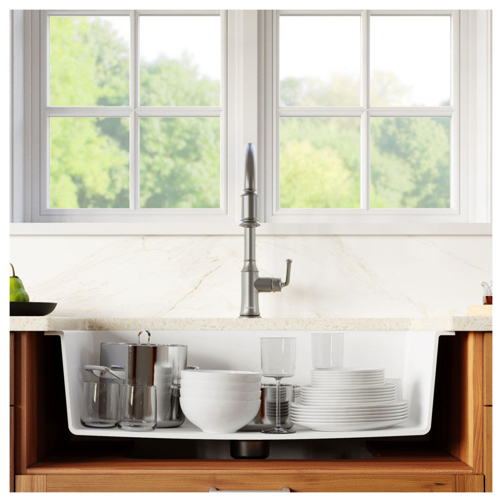 Karran Farmhouse/Apron-Front Quartz 34" Single Bowl Sink Kit, White
