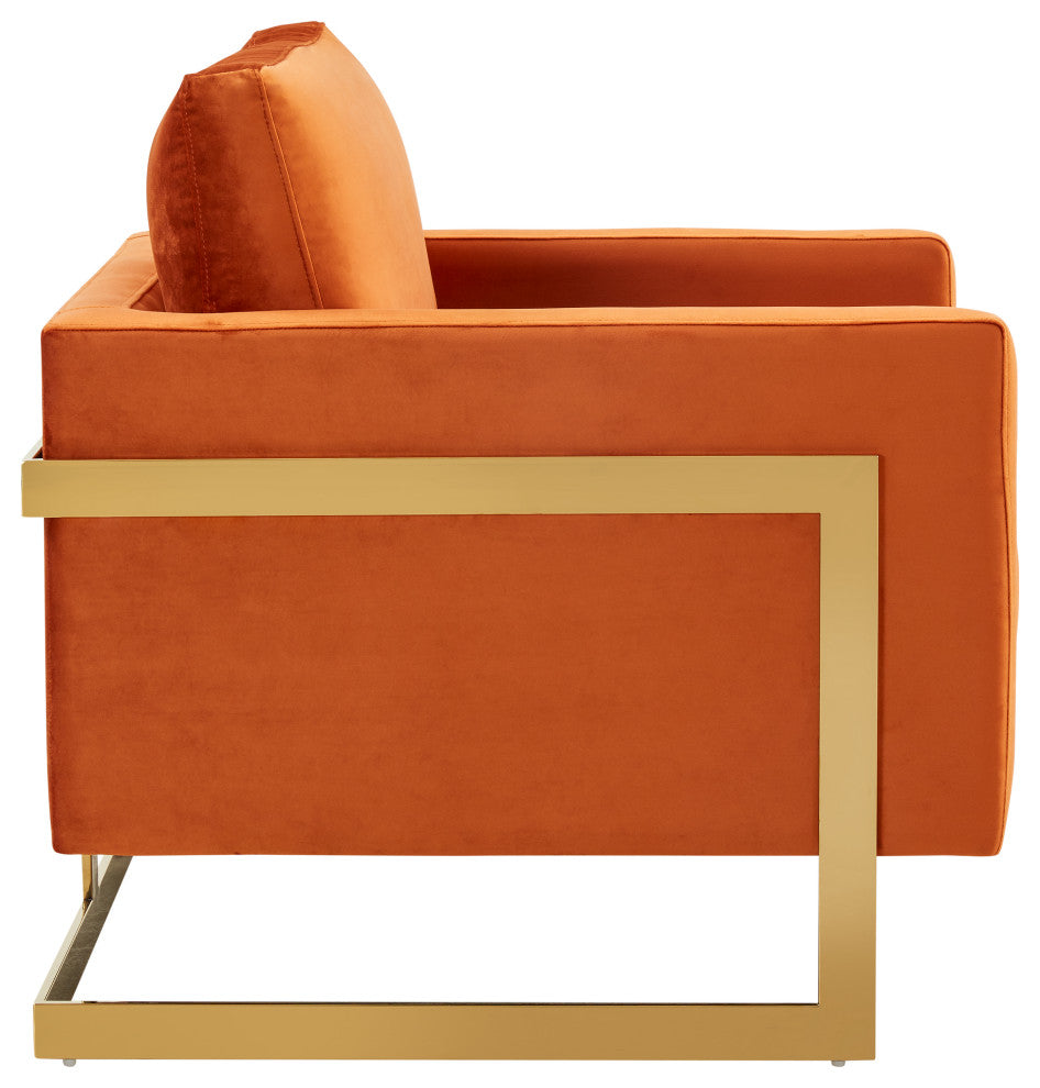 LeisureMod Lincoln Velvet Accent Armchair With Gold Frame, Orange Marmalade
