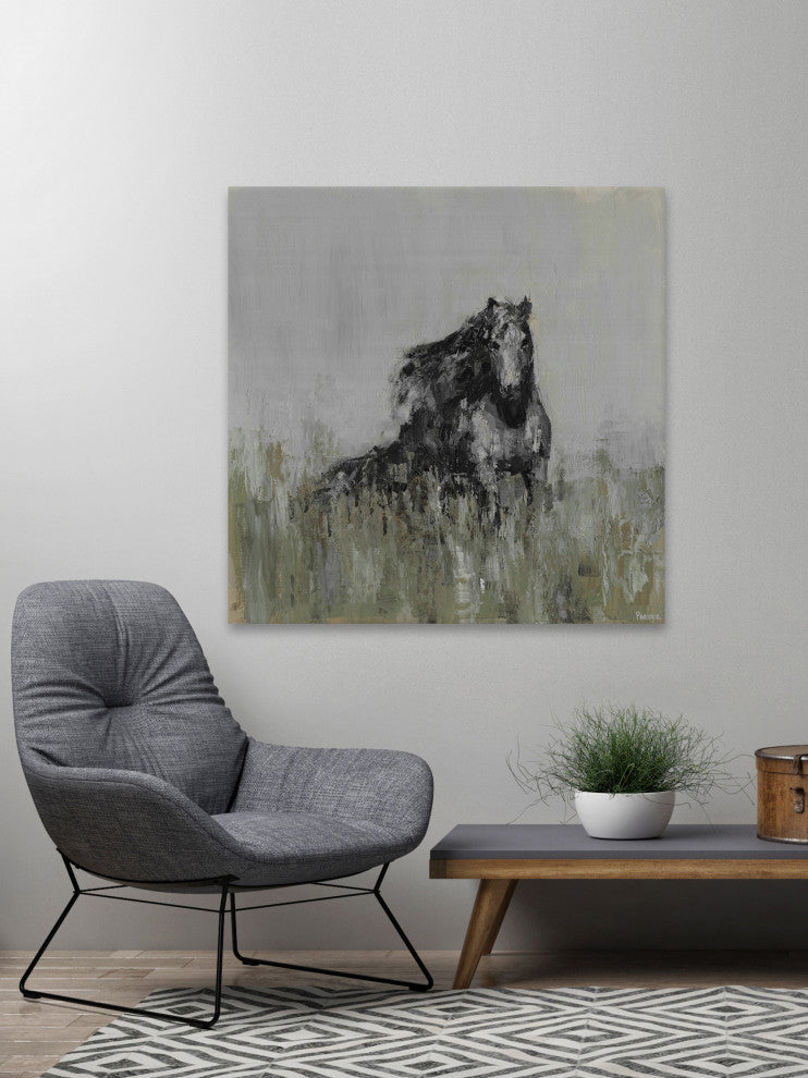 "Dark Horse at the Meadow" Painting Print on Wrapped Canvas, 48"x48"