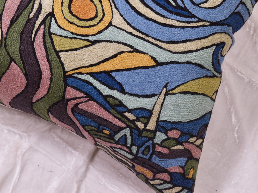 Blue Starry Night Decorative Pillow Cover Van Gogh Hand Embroidered Wool 18x18