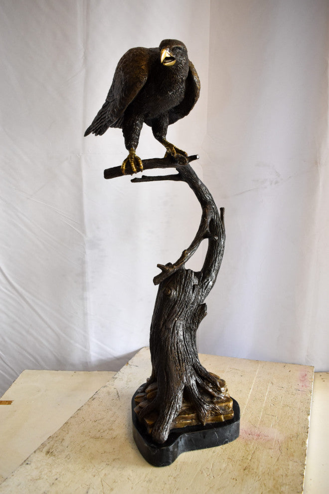 Observant Hawk on Arched Branch Bronze Statue 17" x 19" x 32"H