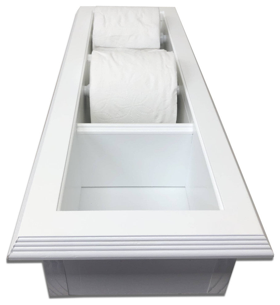 Hyacinth Wood Recessed Double Toilet Paper Holder With Storage 7x22.25, White Enamel