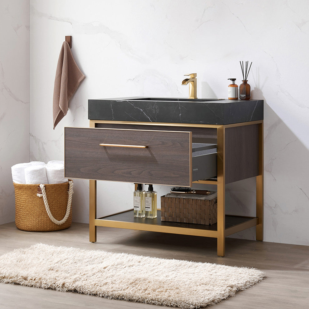 Segovia Bath Vanity with Sintered Stone Top, Suleiman Oak, 36", No Mirror