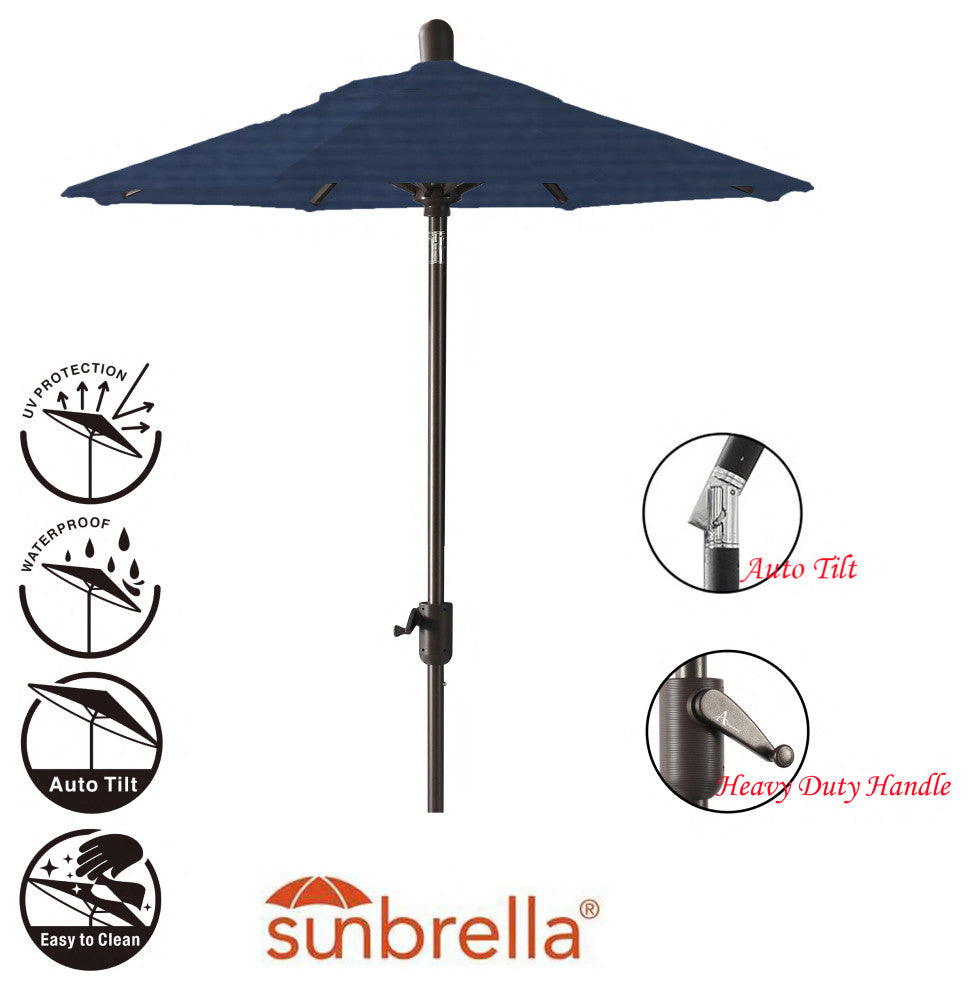 6' Round Auto Tilt Market Umbrella, Antique Bronze Frame, Navy