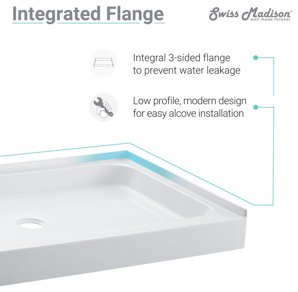 Voltaire 60"x32" Acrylic White, Single-Threshold, Center Drain, Shower Base