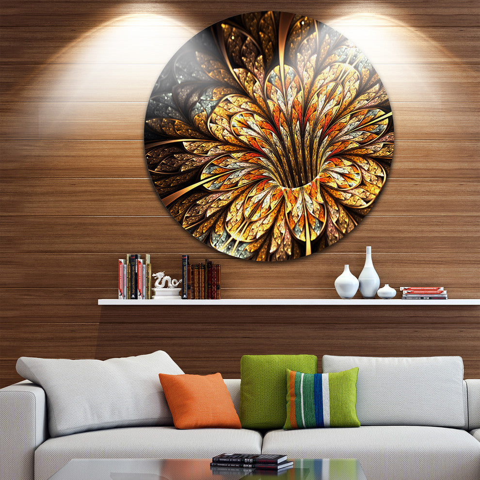 Golden Shiny Fractal Flower, Floral Digital Art Round Wall Art, 23"