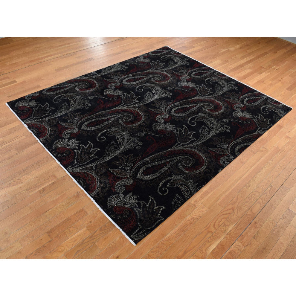 Neutral Black, Modern Design, Hand Knotted Pure Wool Oriental Rug, 8'1"x10'