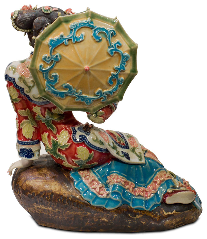 Chinese Porcelain Figurine, Lady in Red with Umbrella