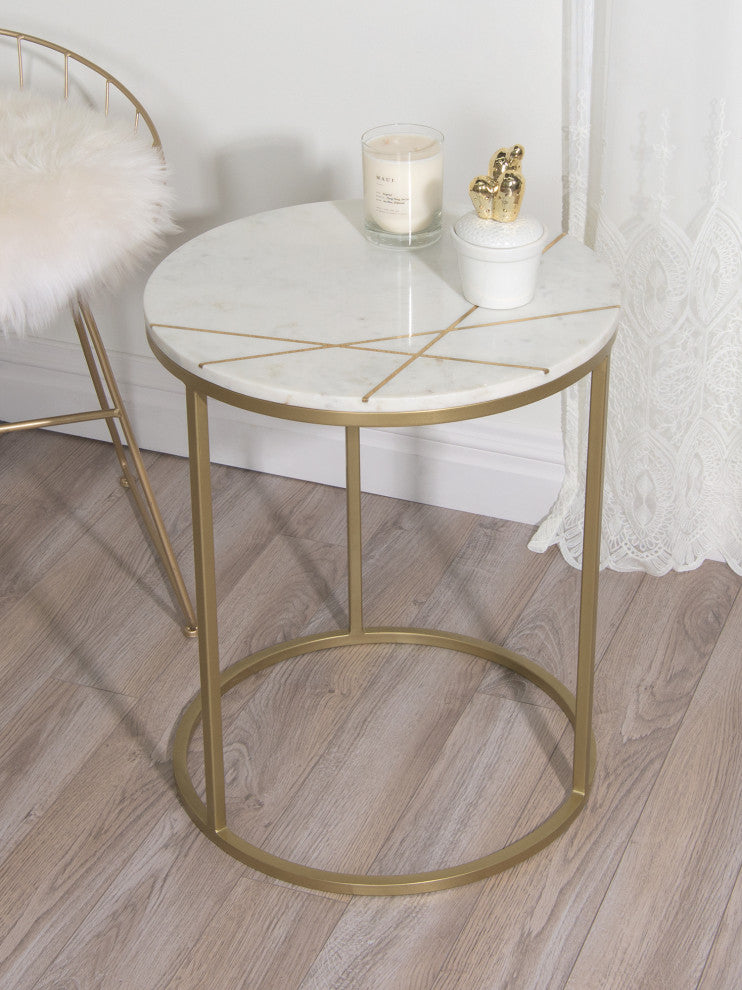 Piers Inlay Round Marble Side Table, White