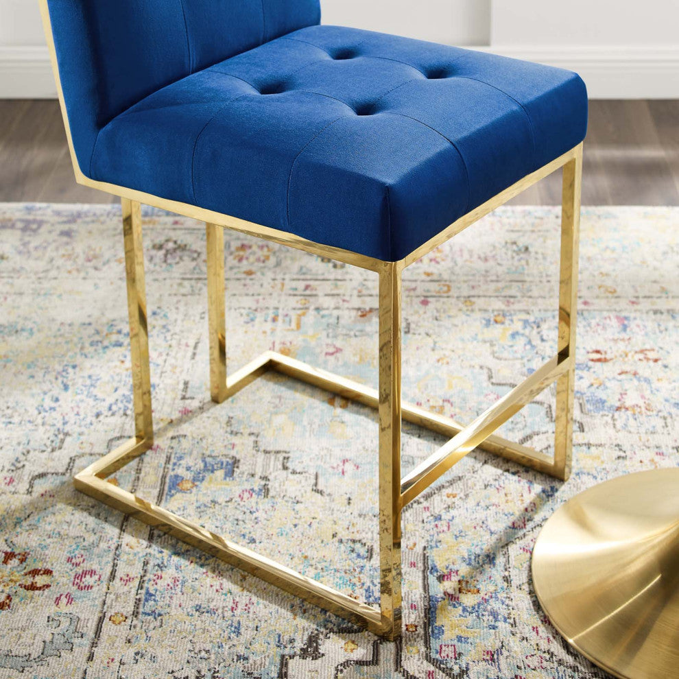 Counter Stool Chair, Velvet, Metal, Gold Blue Navy, Modern, Bar Pub Cafe Bistro