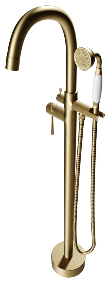 CastelloUSA Neptune Freestanding Tub Filler Faucet, Brushed Gold, Drift Handle