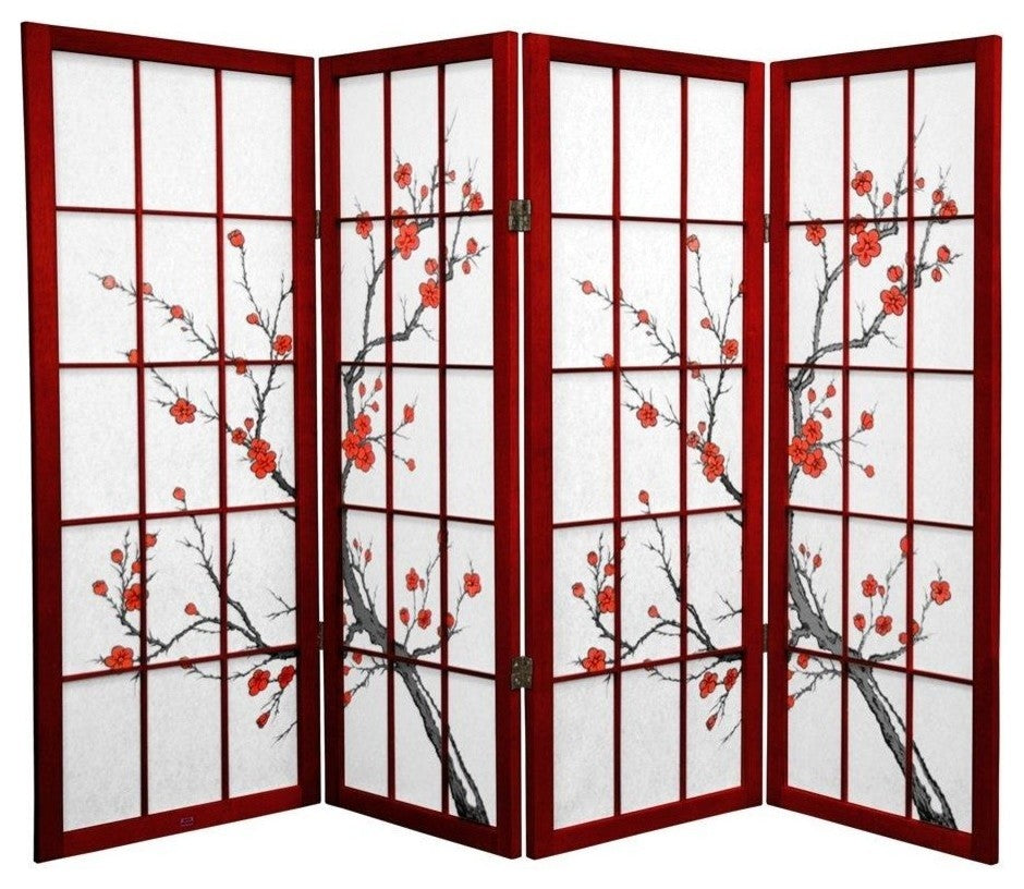 4' Tall Cherry Blossom Shoji Screen, Rosewood, 4 Panels