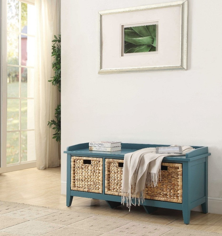 Benzara BM163623 Rectangular Wooden Bench with Storage Basket, Blue