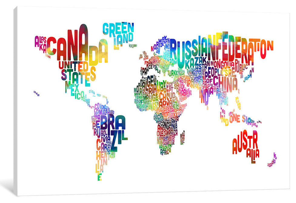 "World, Countries Typographic Map" Wrapped Canvas Print, 26x18x1.5